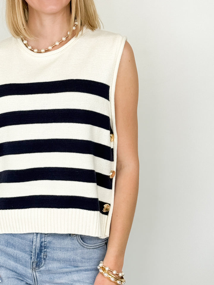 Sereia - Button Detail Striped Sweater (Navy)