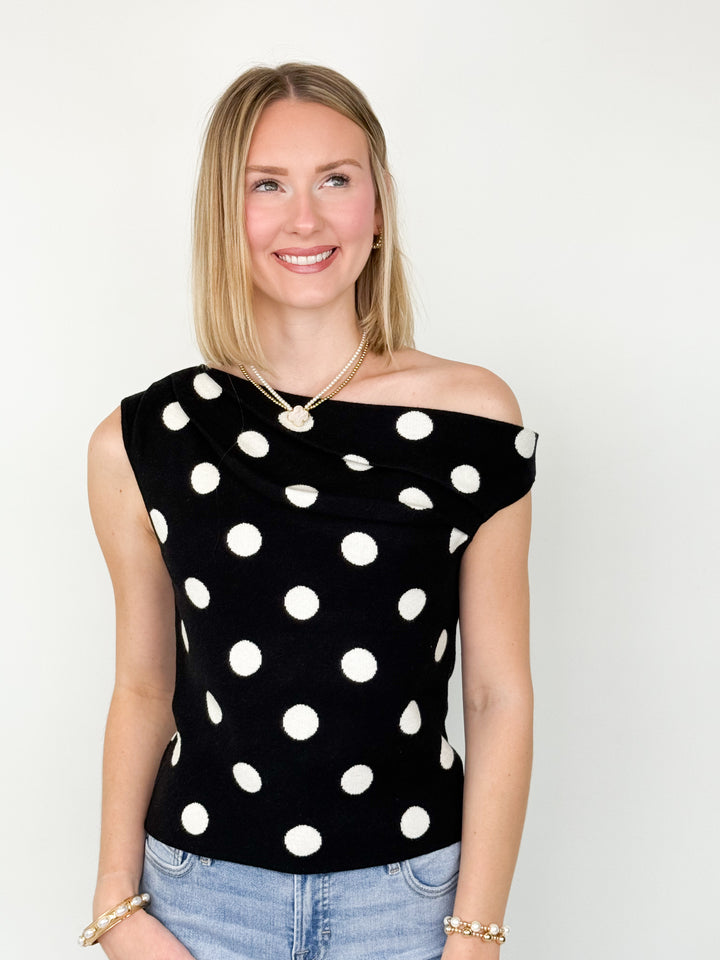 Lola - Black Polka Dot Asymmetrical Neck Knit Top