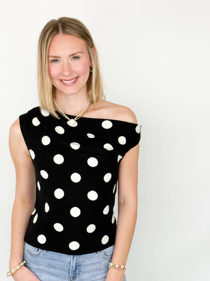 Lola - Black Polka Dot Asymmetrical Neck Knit Top