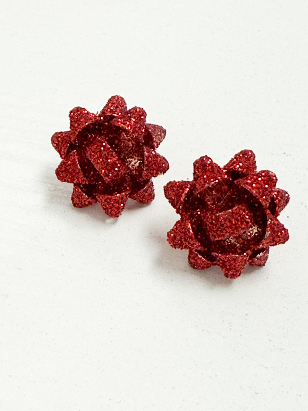 Red Glitter Christmas Bow Stud Earrings