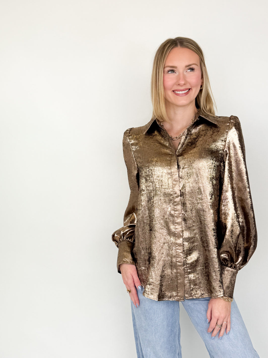 Zoe - Metallic Button Down Blouse