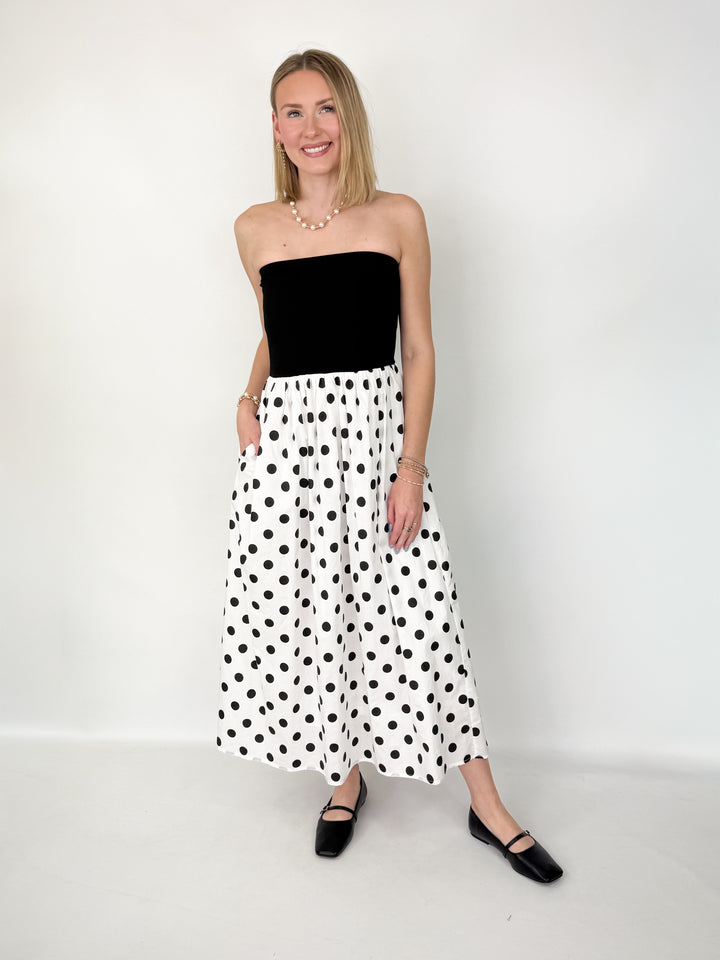 Mara - Strapless Polka Dot Midi Dress