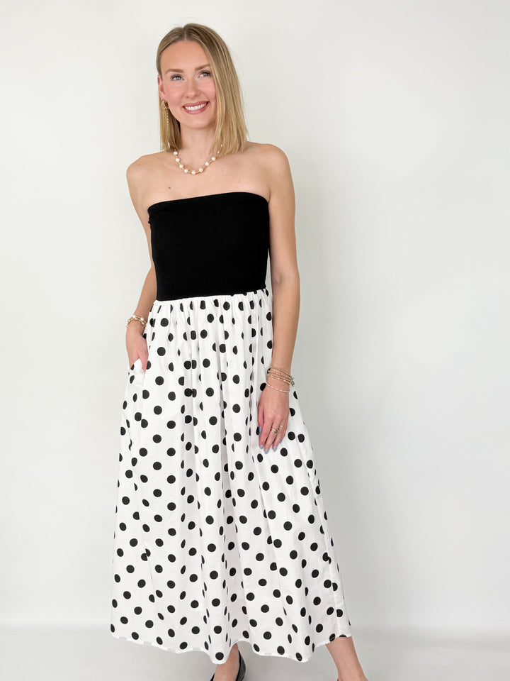 Mara - Strapless Polka Dot Midi Dress