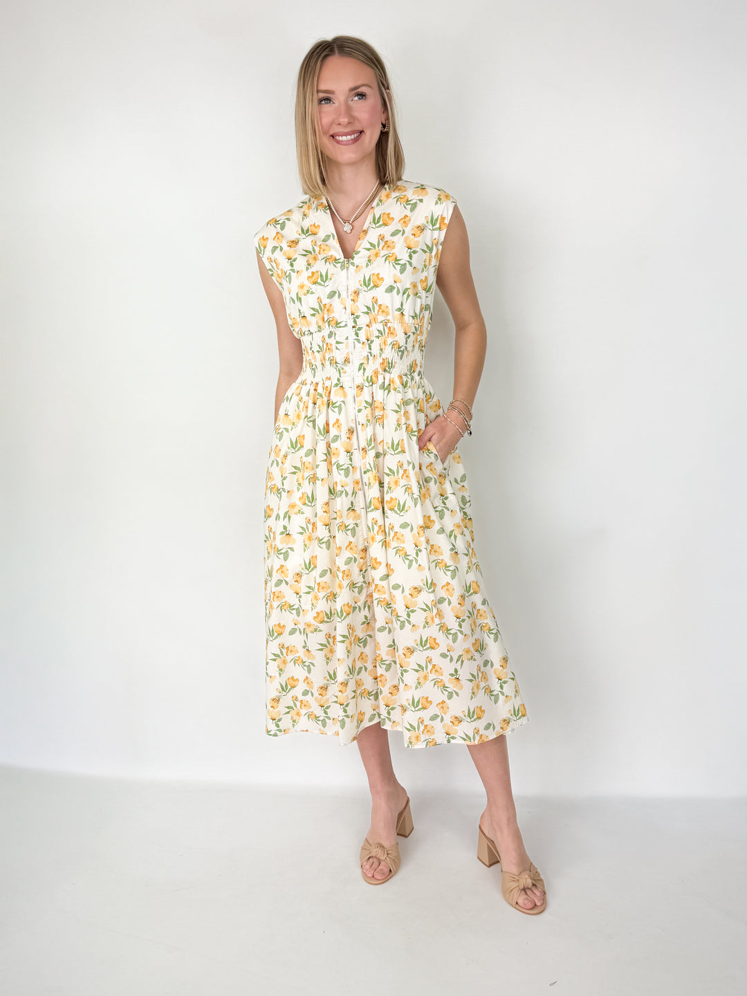 Rhea - Floral Smocked Waist Floral Midi Dress
