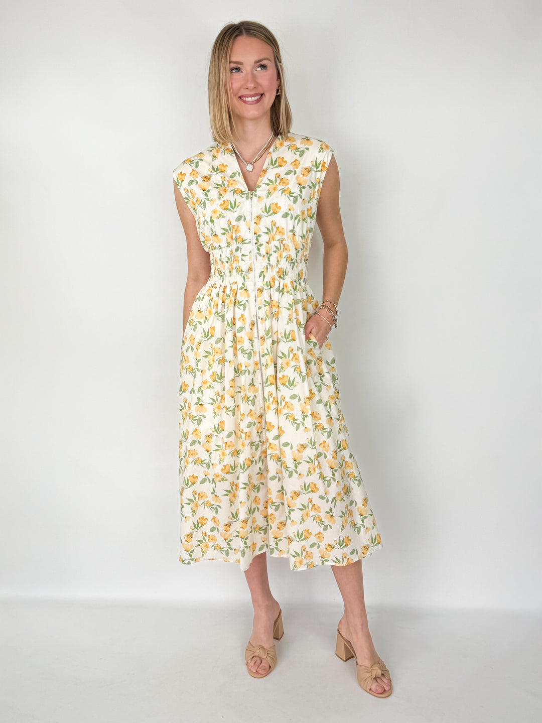 Rhea - Floral Smocked Waist Floral Midi Dress