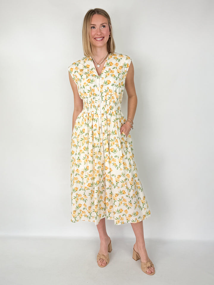 Rhea - Floral Smocked Waist Floral Midi Dress