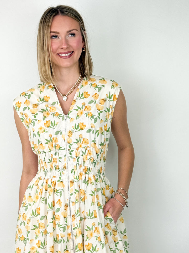 Rhea - Floral Smocked Waist Floral Midi Dress