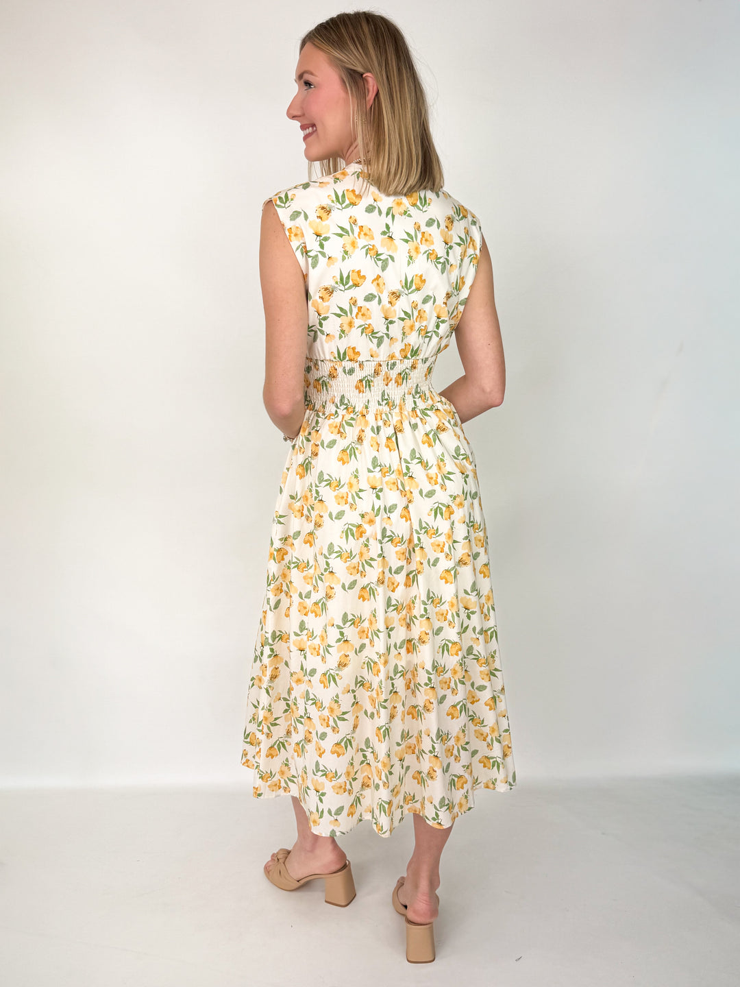 Rhea - Floral Smocked Waist Floral Midi Dress