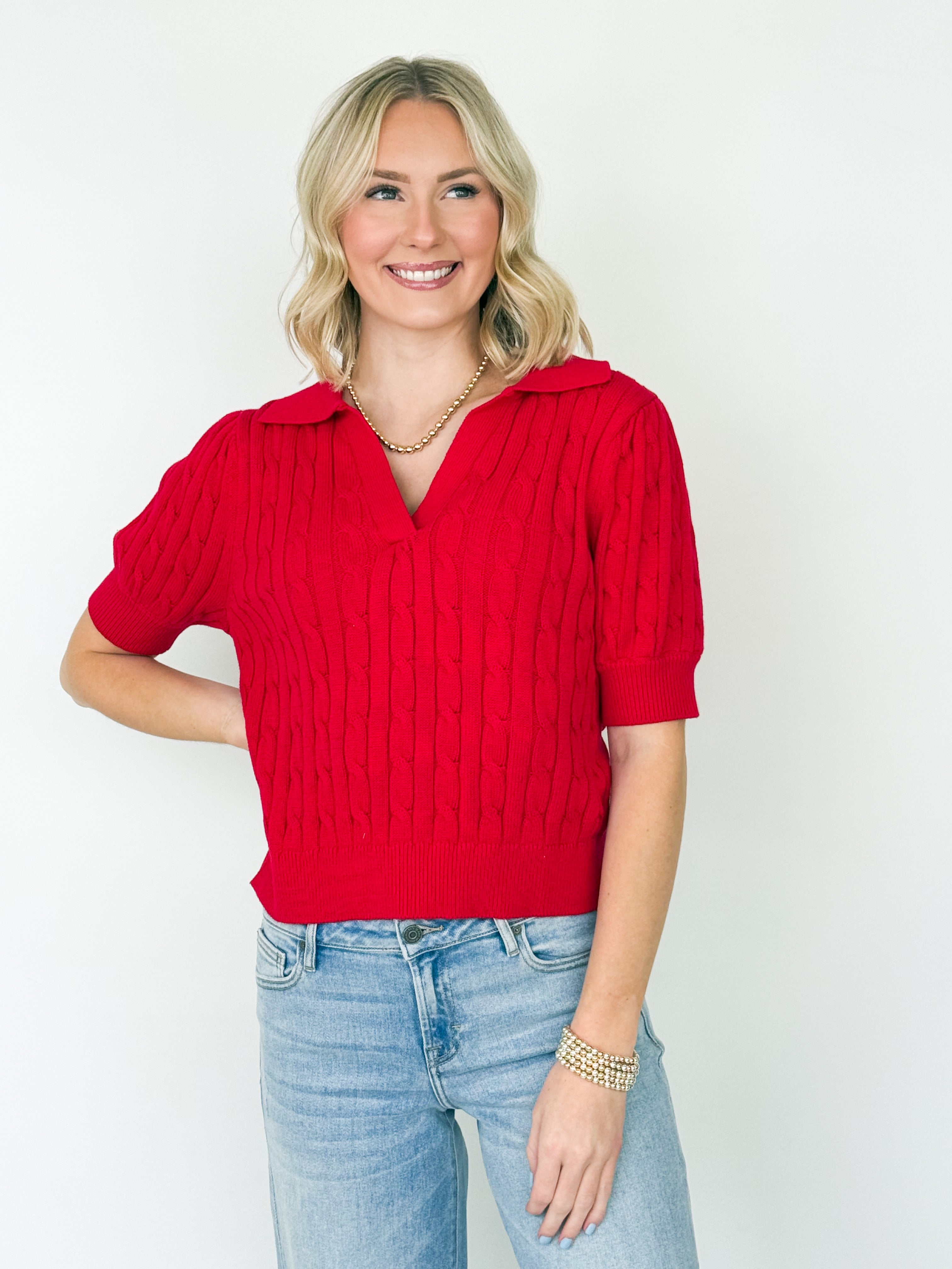 Polly - Red Cable Knit V-Neck Top