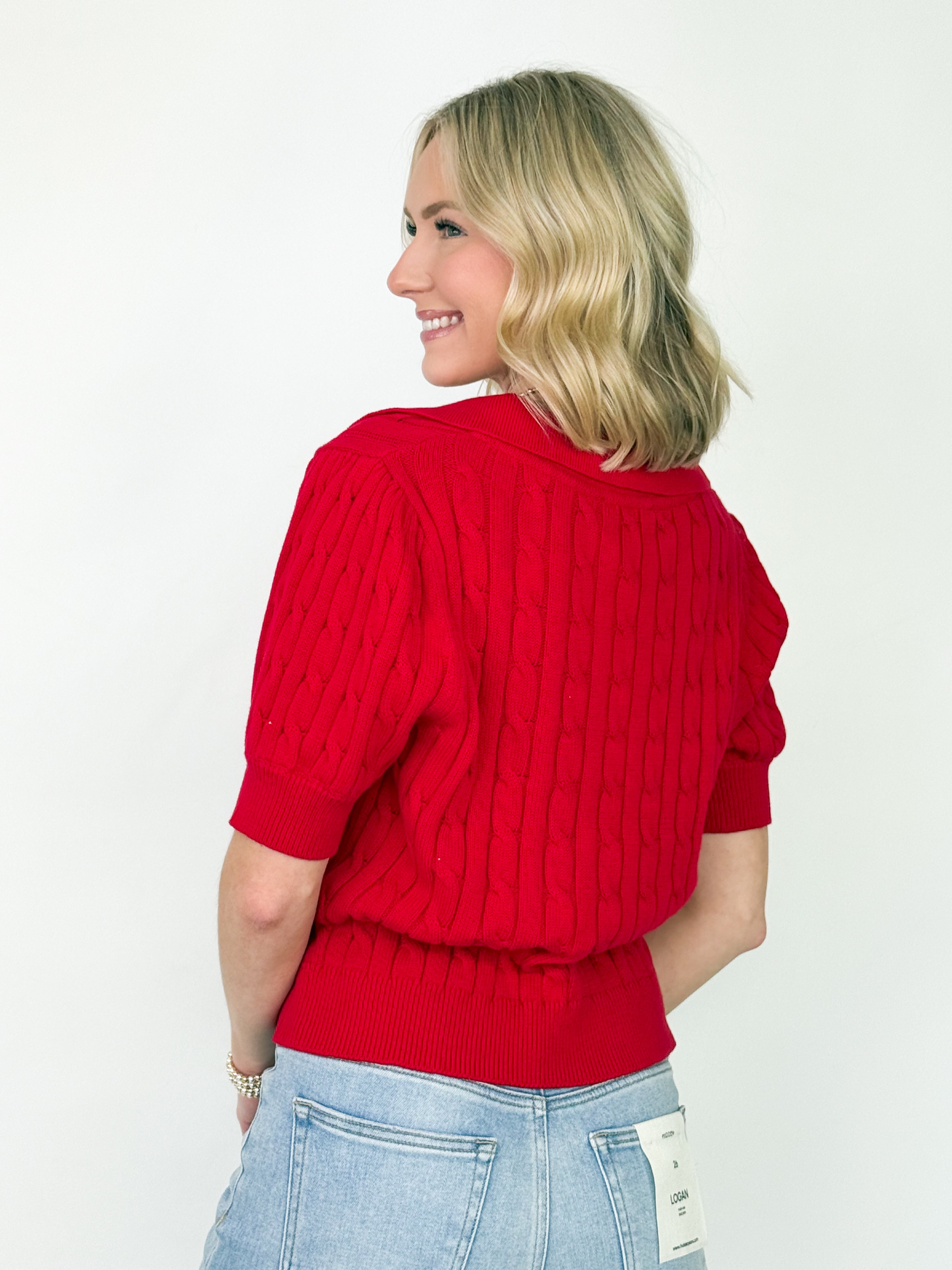 Polly - Red Cable Knit V-Neck Top