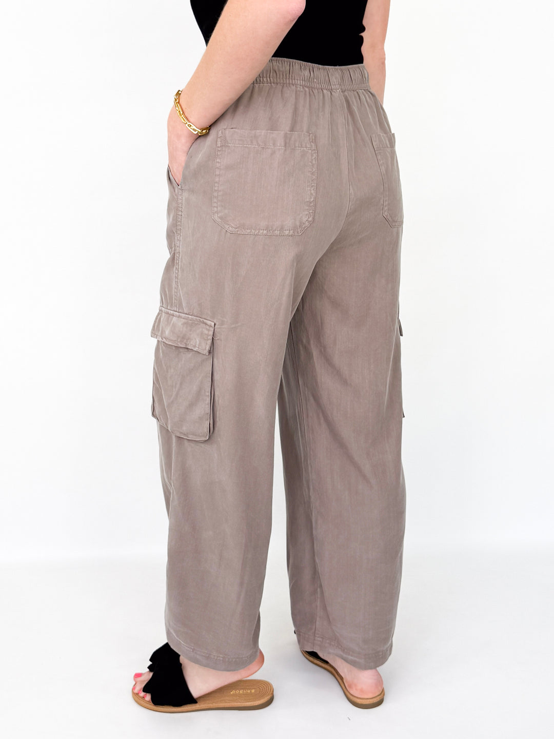 Kinsely - High Rise Drawstring Wide Leg Cargo Pants (Grey)
