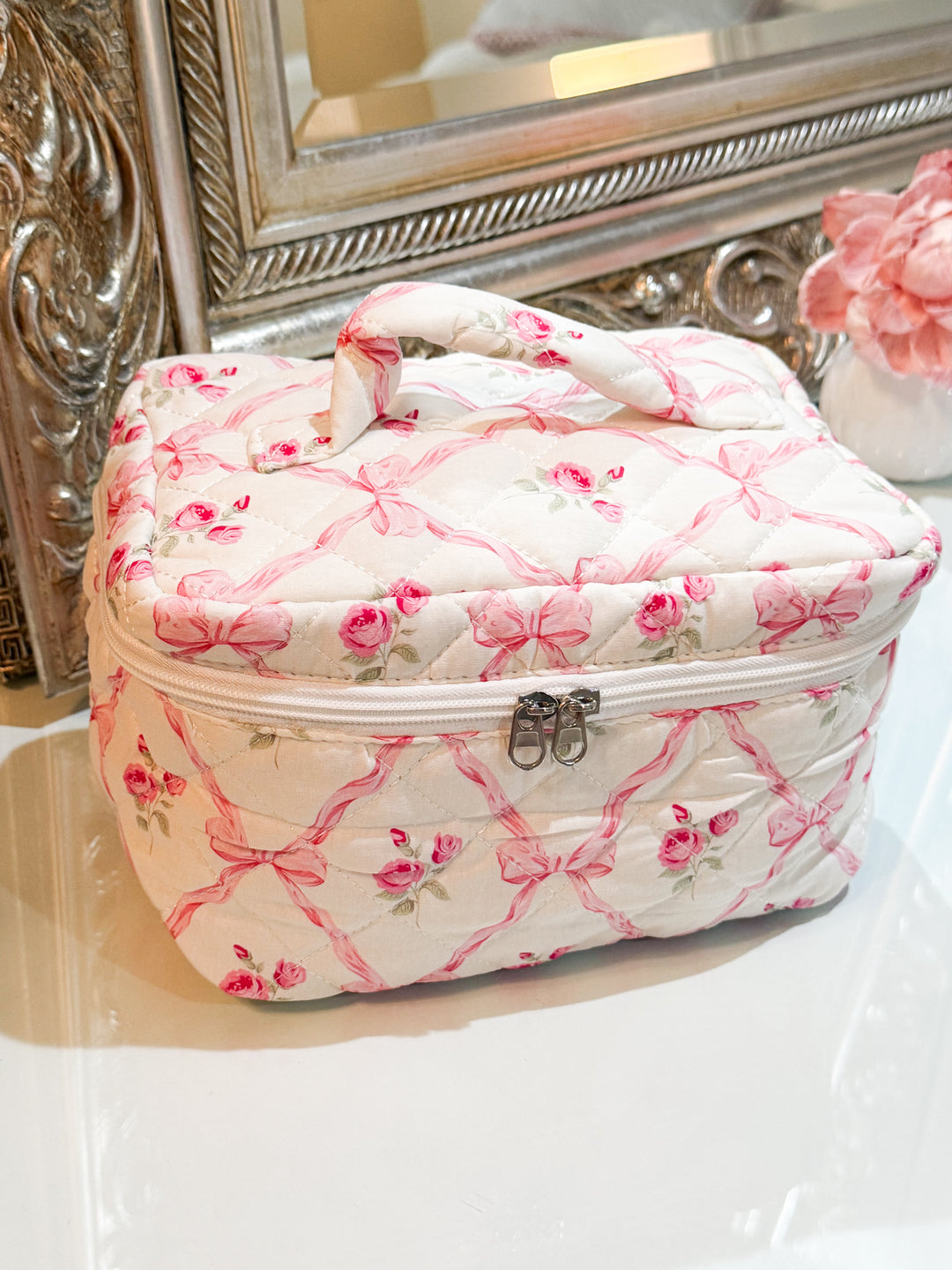 Remi -  Quilted Bow Cosmetic Case - (Pink)
