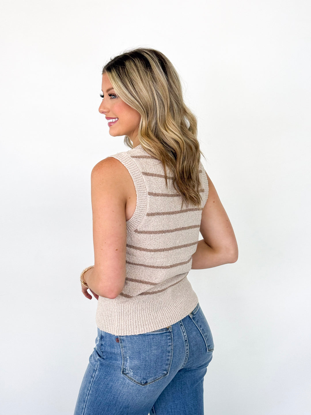 Adeline - Striped Button Up V-neck Sweater Vest