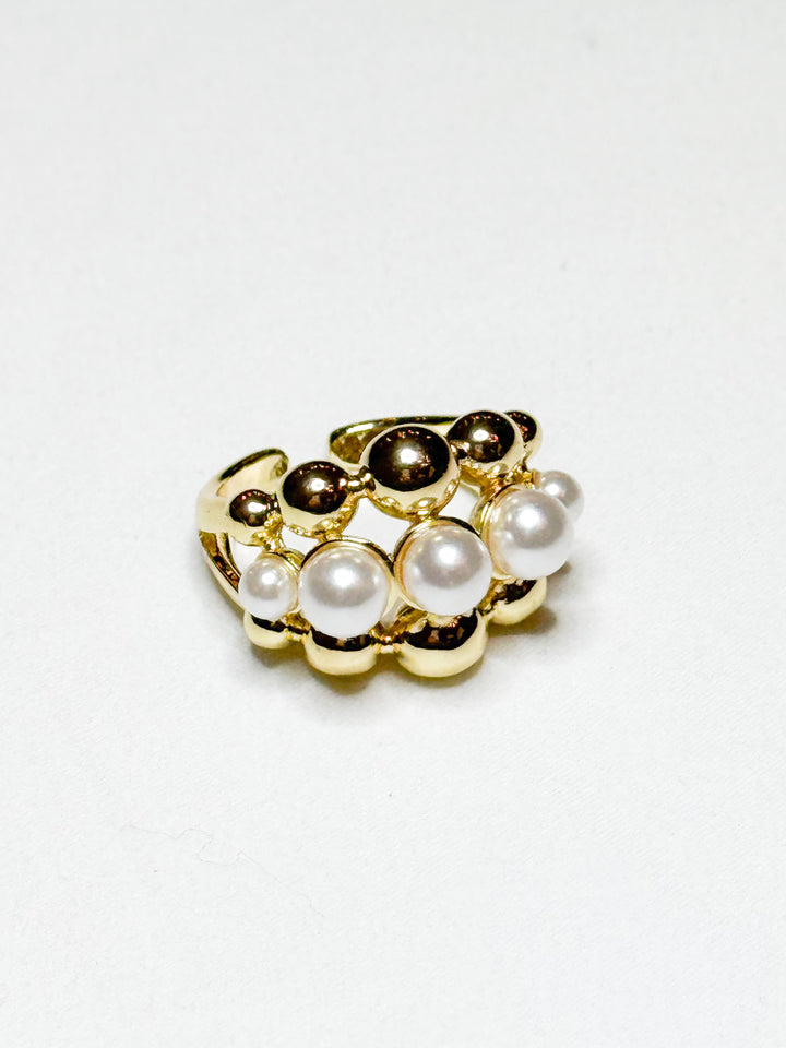 Tate - Adjustable Pearl & Gold Beaded Ring
