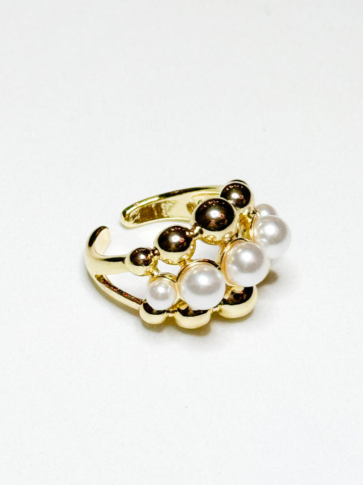 Tate - Adjustable Pearl & Gold Beaded Ring