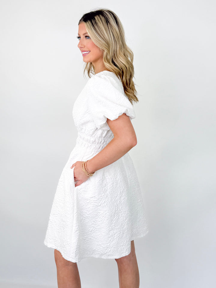 Andi- Floral Jacquard Balloon Sleeve Dress (Off White)