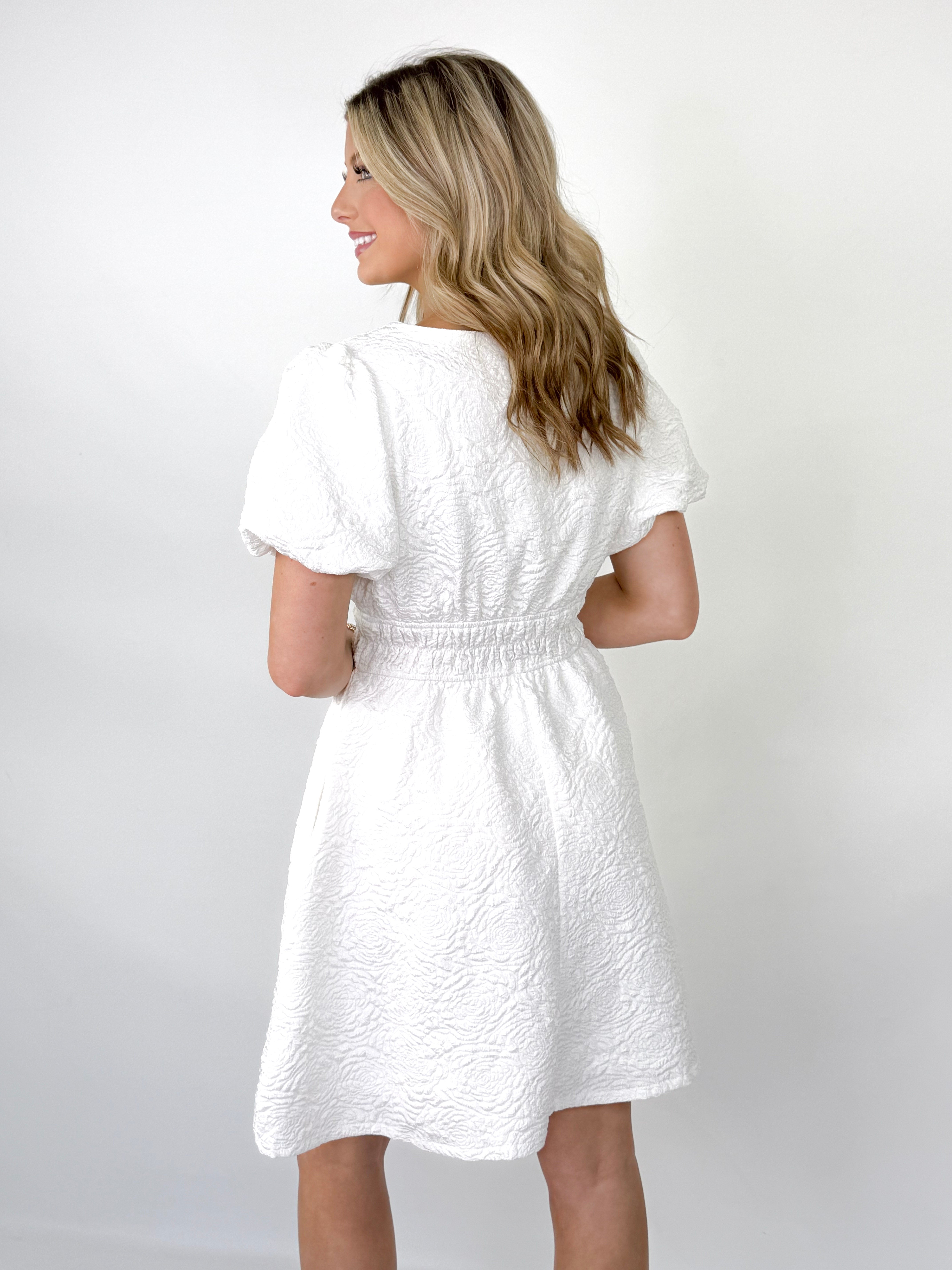 Andi- Floral Jacquard Balloon Sleeve Dress (Off White)