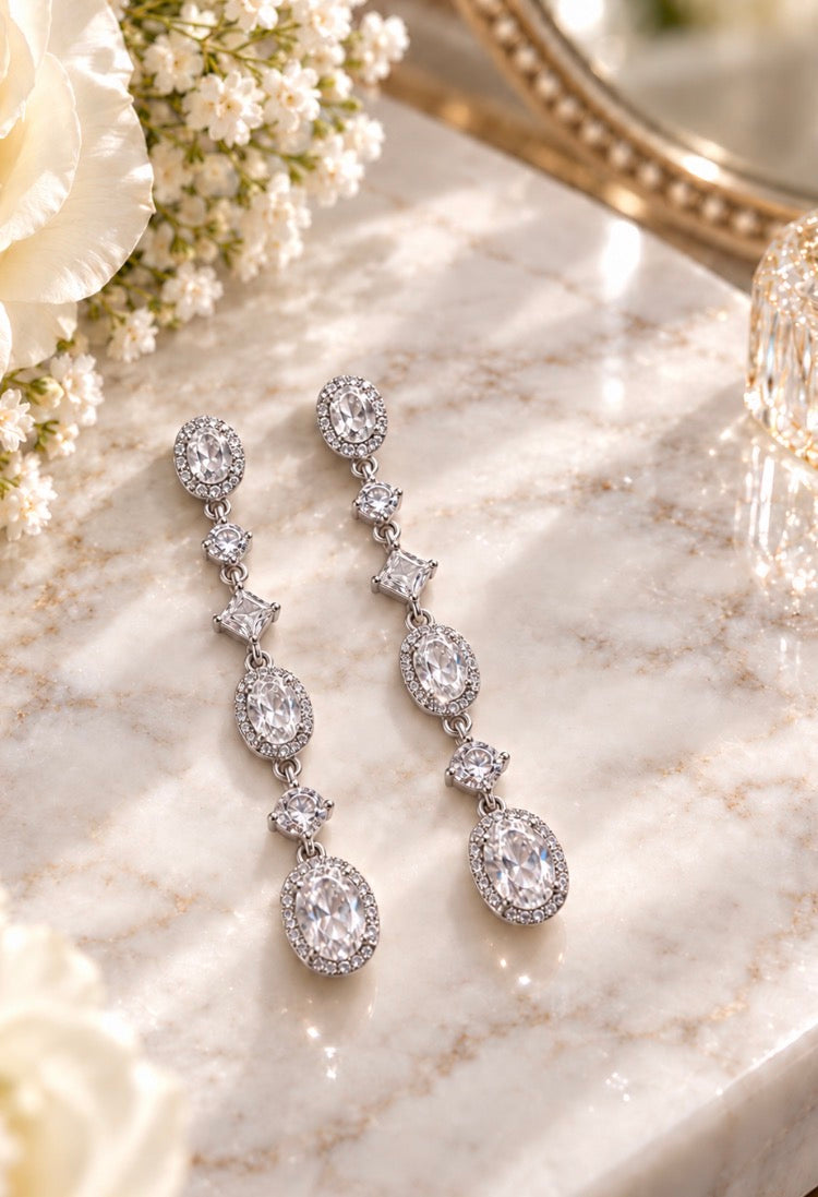 Erika - Rhinestone Drop Earrings (Silver)