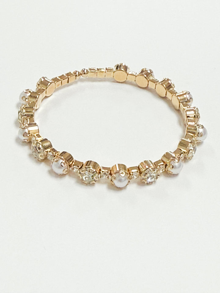 Robin - Gold Rhinestone + Pearl Stretch Cuff