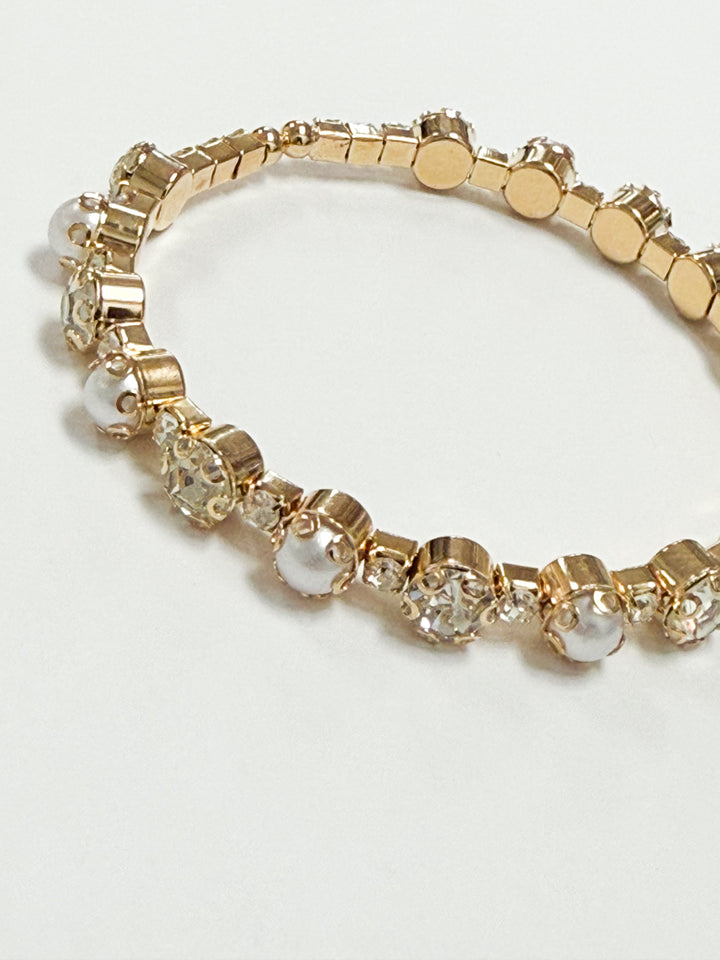 Robin - Gold Rhinestone + Pearl Stretch Cuff
