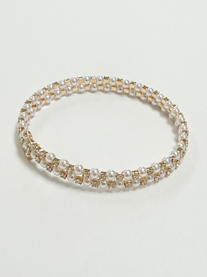 Jenna - Dainty Gold Rhinestone + Pearl Coil Stretch Bracelet