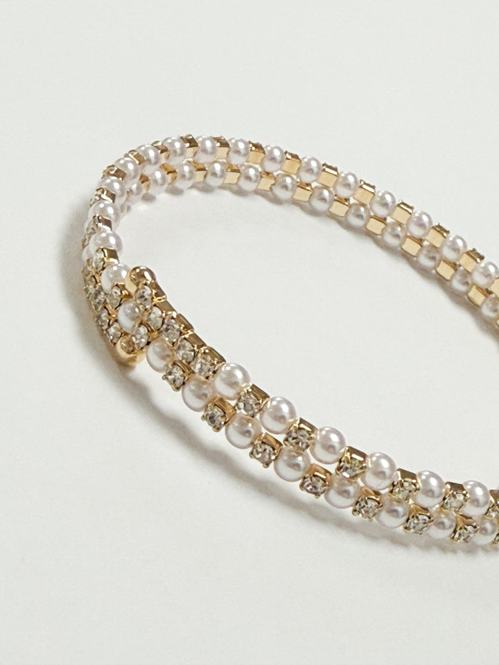 Jenna - Dainty Gold Rhinestone + Pearl Coil Stretch Bracelet