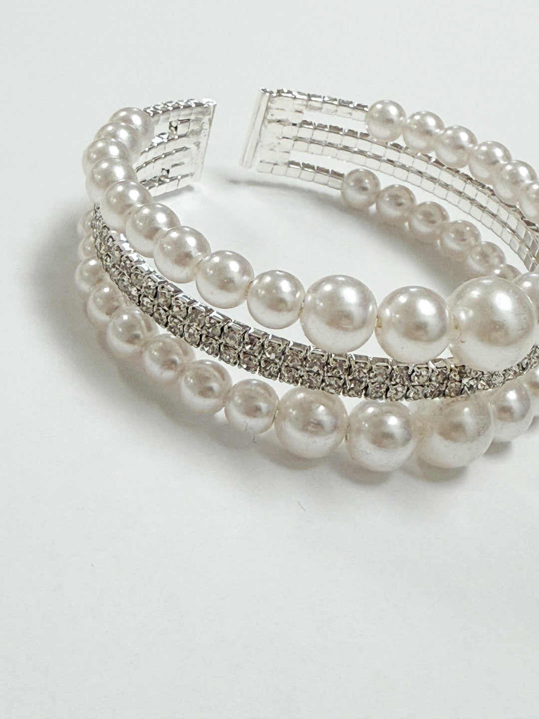 Isabella - Silver Rhinestone + Pearl Stretch Cuff