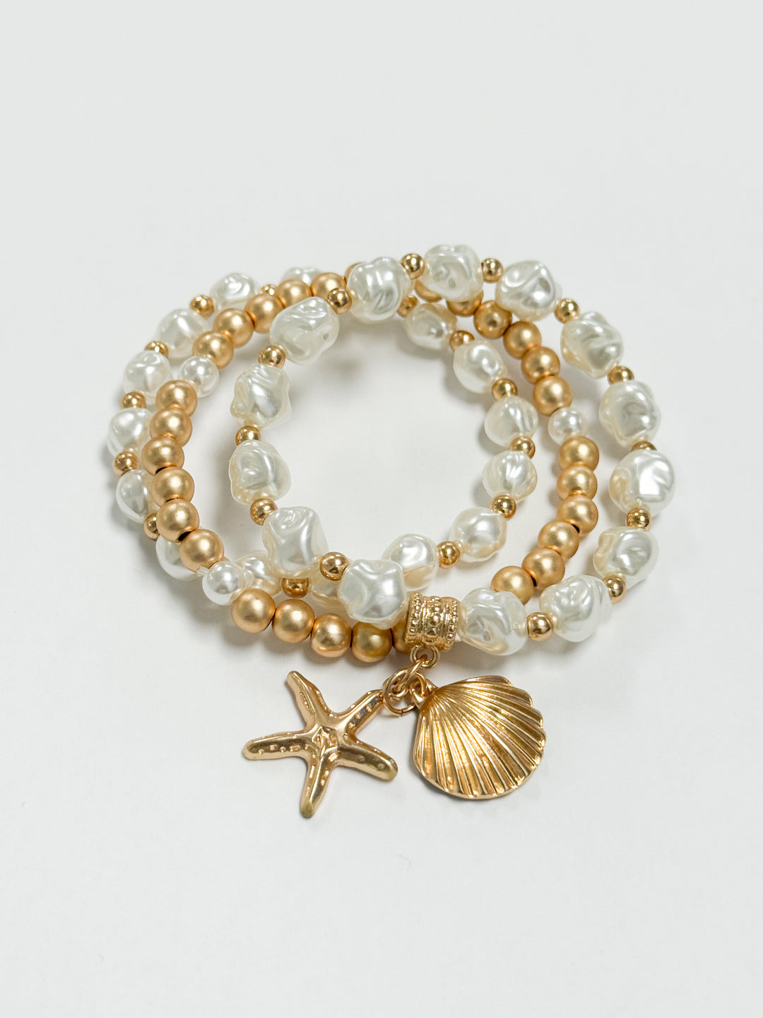 Sierra - Brushed Gold + Pearl Elasticized Beaded Bracelet Set of 3