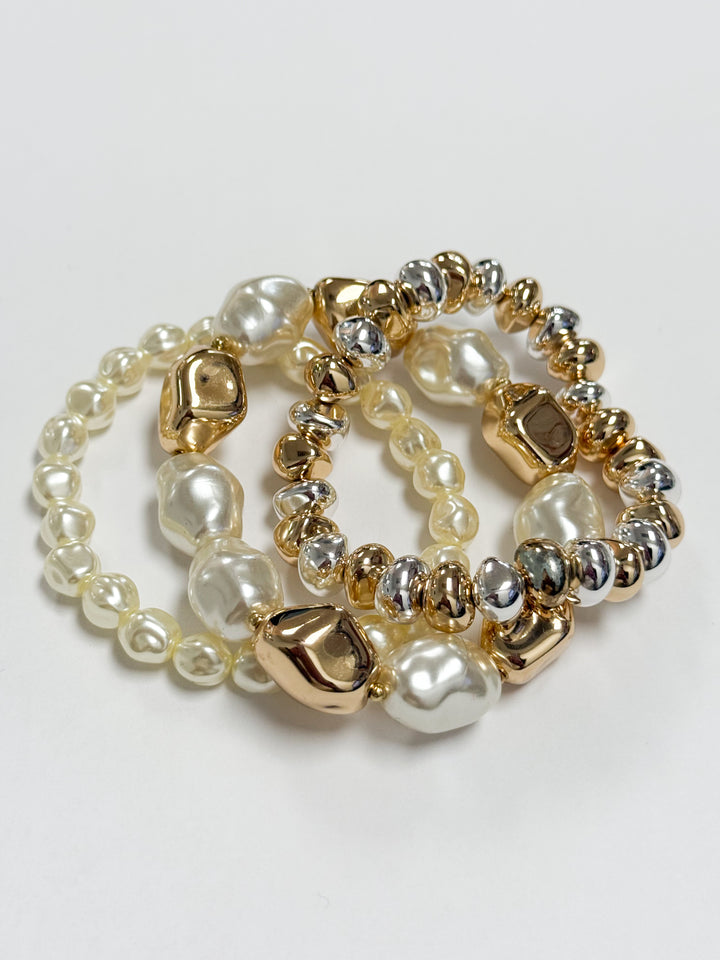 Remi - Chunky Two Toned + Pearl Elasticized Beaded Bracelet Set of 3