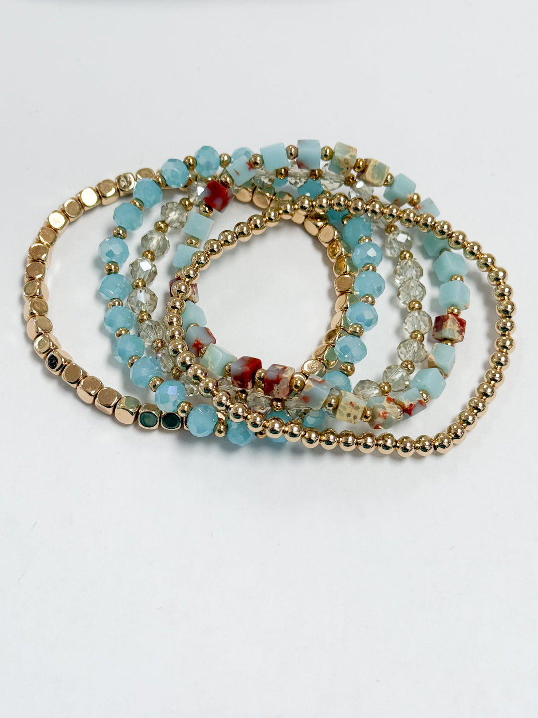 Inez - Baby Blue + Gold Beaded Bracelet Set of 5
