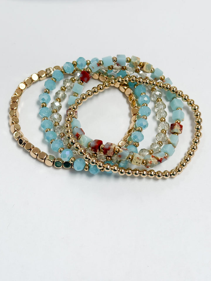 Inez - Baby Blue + Gold Beaded Bracelet Set of 5
