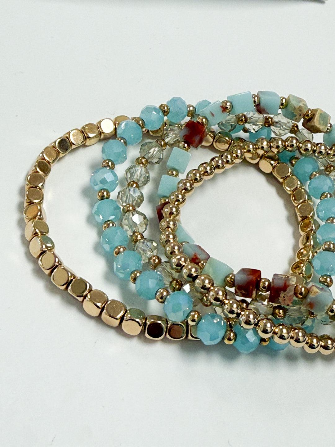 Inez - Baby Blue + Gold Beaded Bracelet Set of 5