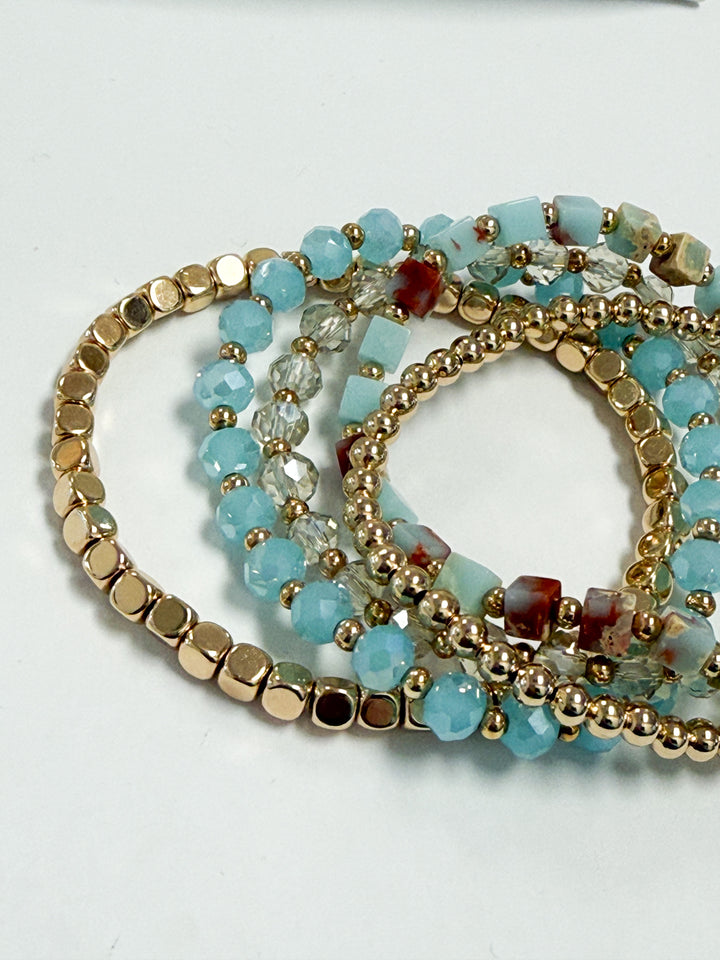 Inez - Baby Blue + Gold Beaded Bracelet Set of 5