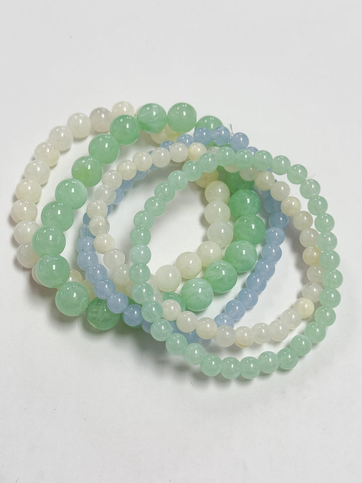 Emilia - Pastel Green, Blue, + White Beaded Bracelet Set