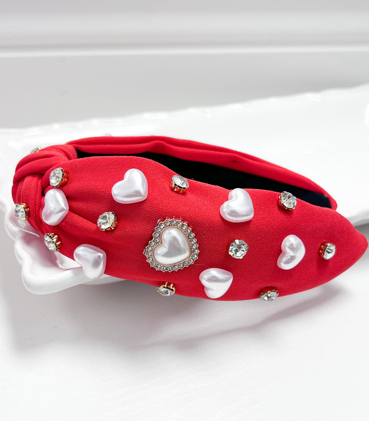 Pearl Heart Headband - Red