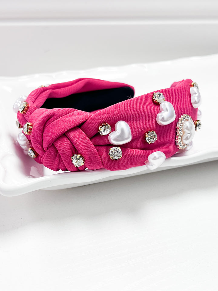 Pearl Heart Headband - Raspberry Pink