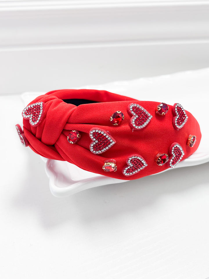 Juliet - Rhinestone Heart Knotted Headband (Red)