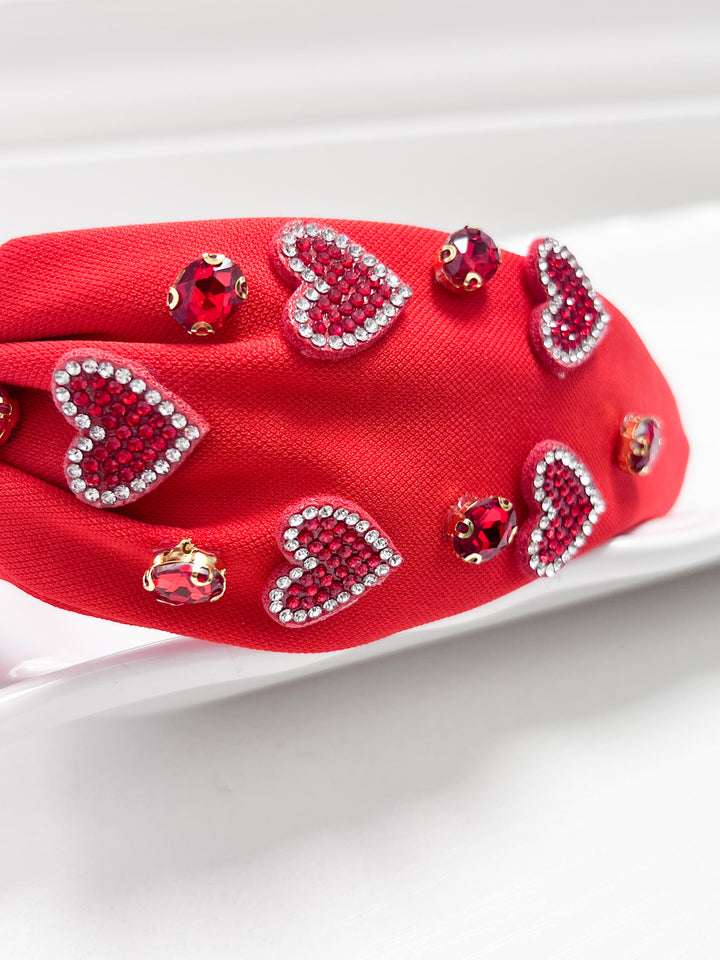 Juliet - Rhinestone Heart Knotted Headband (Red)