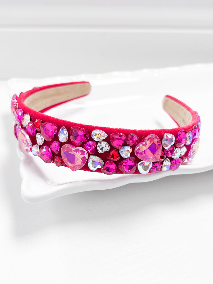 Rosie - Velour Rhinestone Heart Headband (Hot Pink)