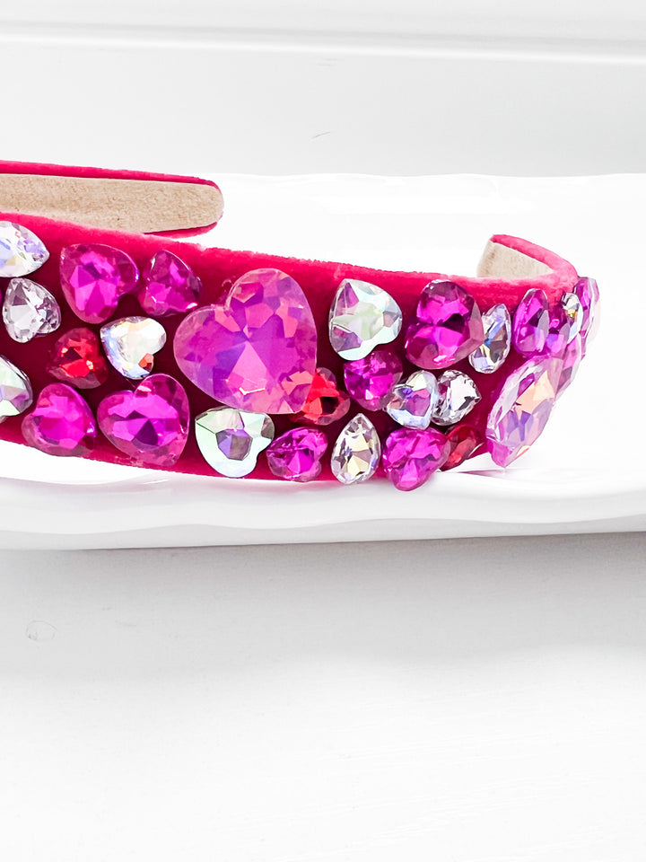 Rosie - Velour Rhinestone Heart Headband (Hot Pink)