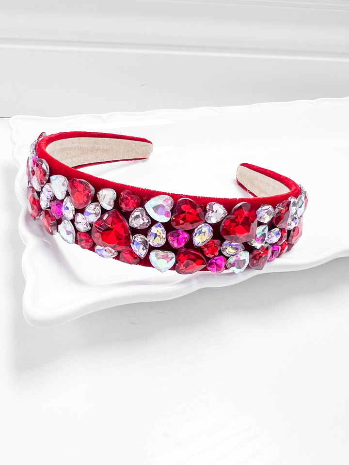 Rosie - Velour Rhinestone Heart Headband (Red)