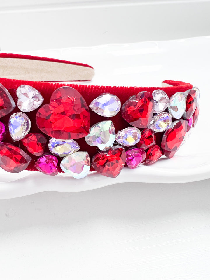 Rosie - Velour Rhinestone Heart Headband (Red)
