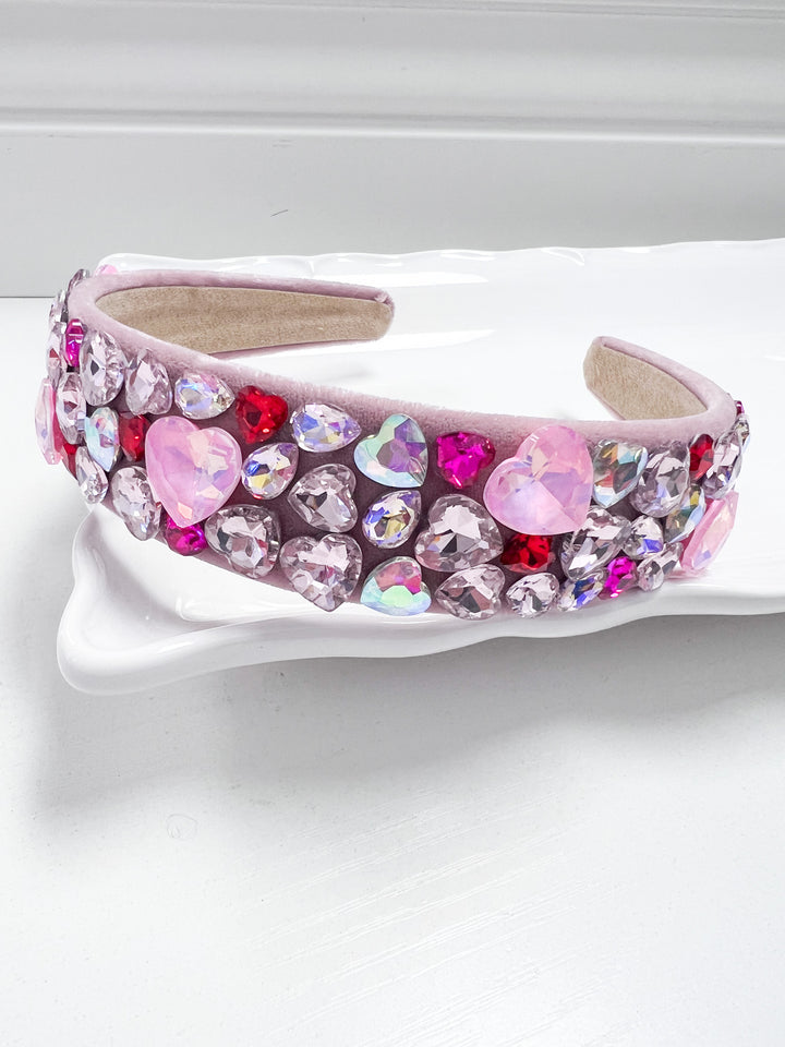 Rosie - Velour Rhinestone Heart Headband (Light Pink)