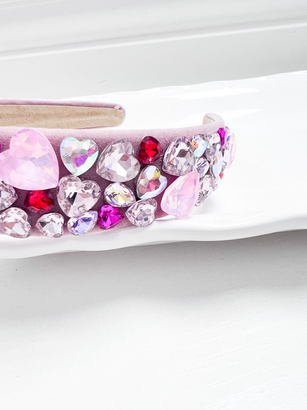 Rosie - Velour Rhinestone Heart Headband (Light Pink)