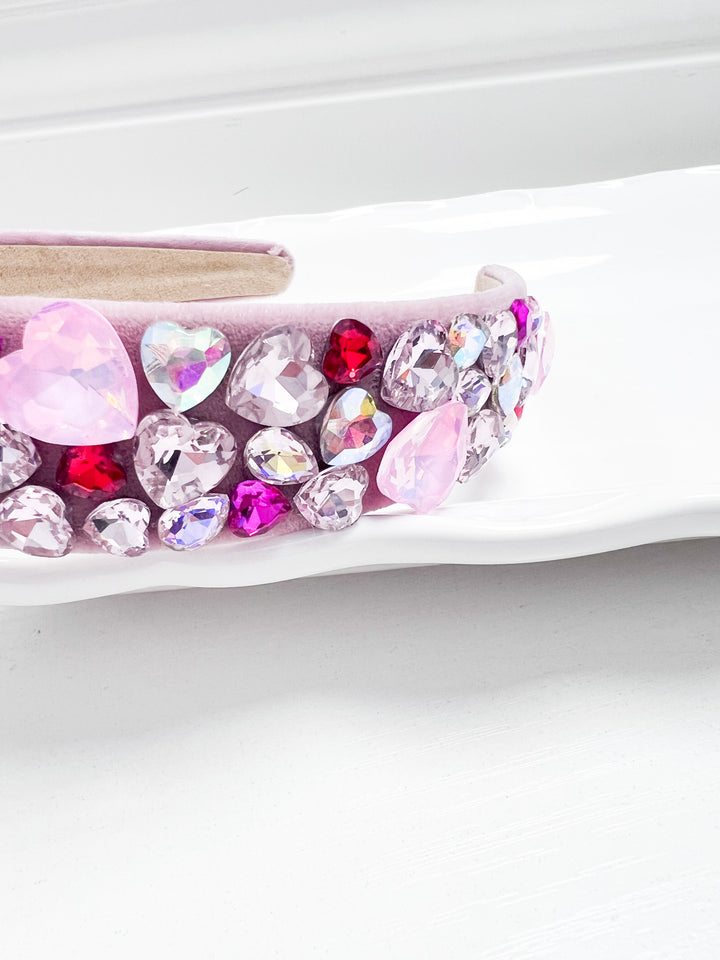 Rosie - Velour Rhinestone Heart Headband (Light Pink)