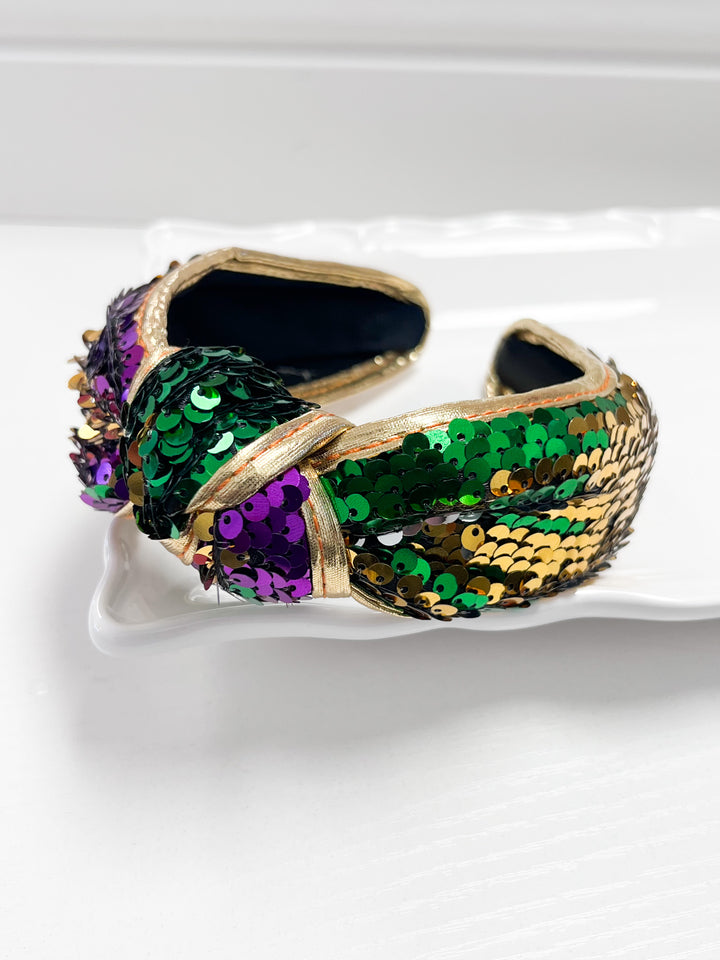 Emily - Mardi Gras Reversible Sequin Knot Headband