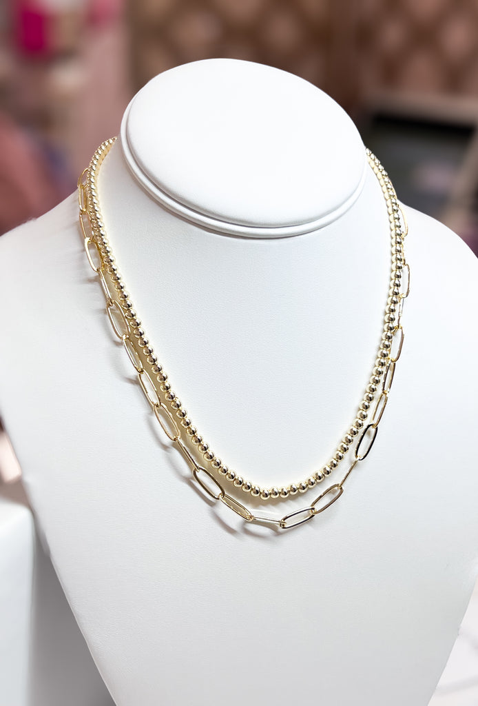 Julie - Gold Double Layered Beaded & Chain Link Necklace