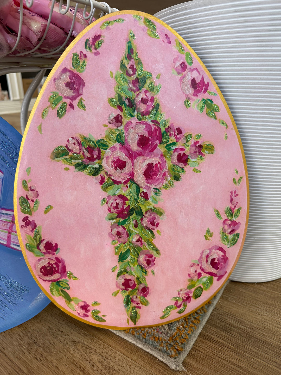The Round Top Collection - Pink Egg With Cross Roses