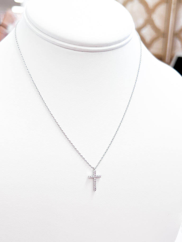 Tyra - Rhinestone Cross Necklace (Silver)