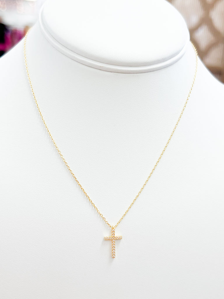 Tyra - Rhinestone Cross Necklace (Gold)